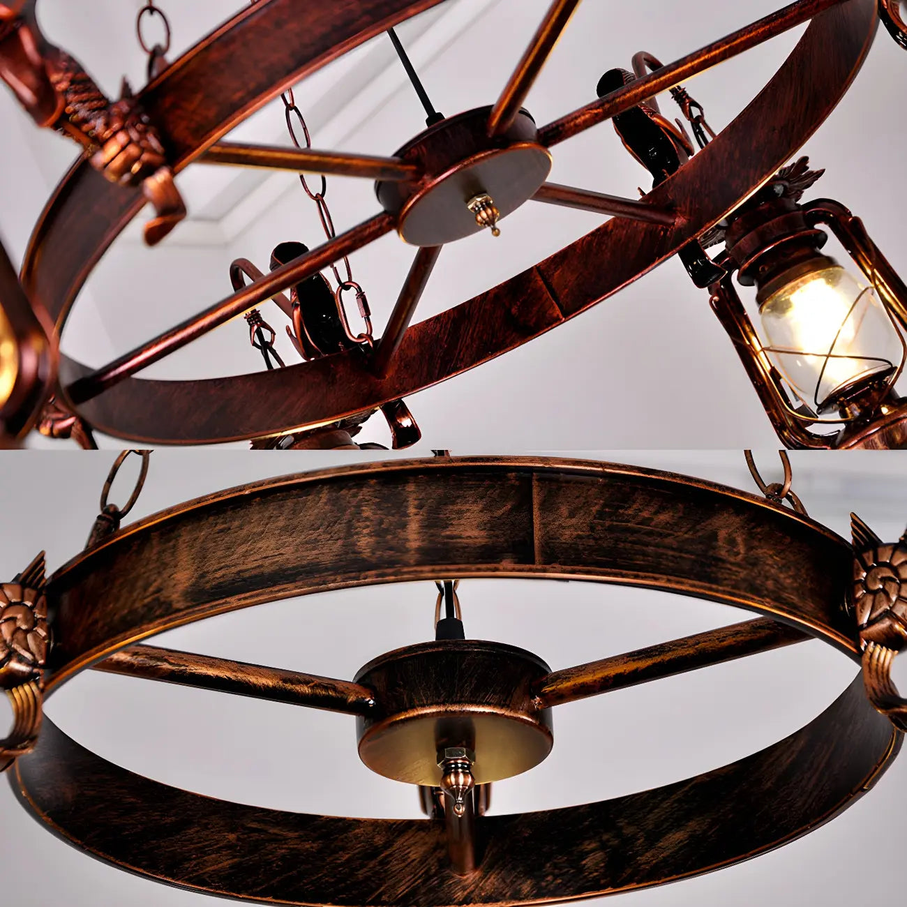 Lustre suspendu vintage réglable en fonte et cuivre, fonctionnant au kérosène, avec verre transparent