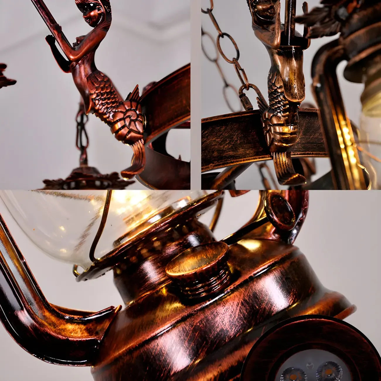 Lustre suspendu vintage réglable en fonte et cuivre, fonctionnant au kérosène, avec verre transparent