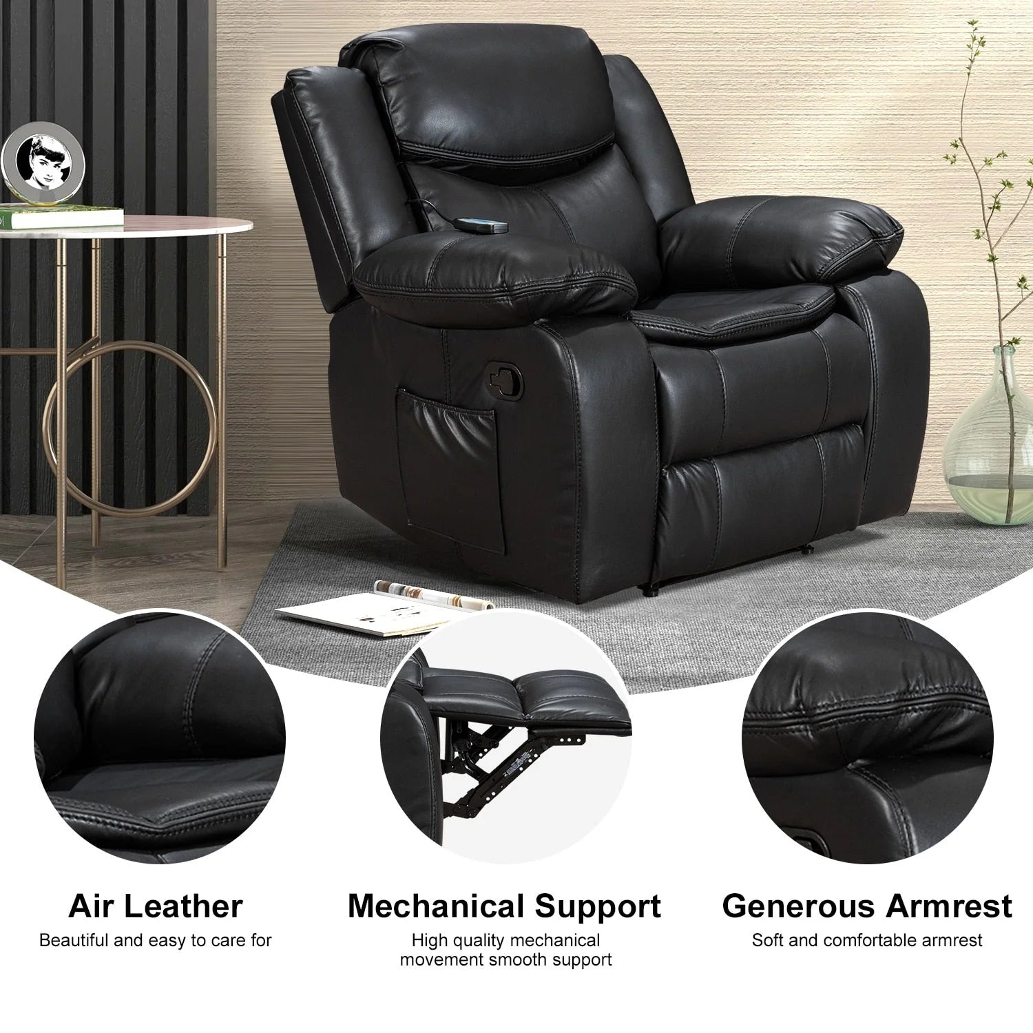 Fauteuil inclinable à large assise en cuir durable avec massage et chauffage