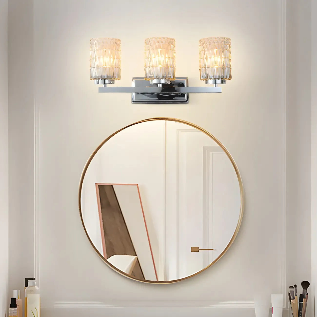 Applique murale LED chromée à 3 lumières avec verre prismatique pour salle de bain