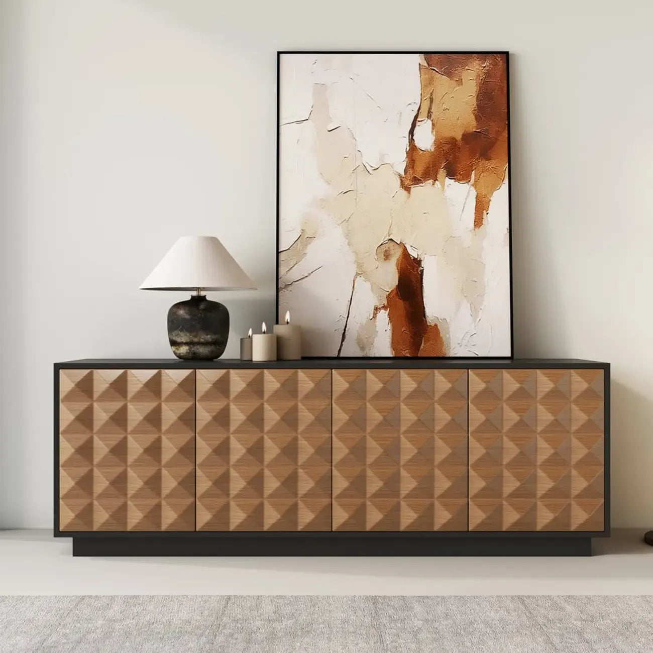 Meuble TV avec portes cannelées en bois noir et naturel pour téléviseur de 75 pouces