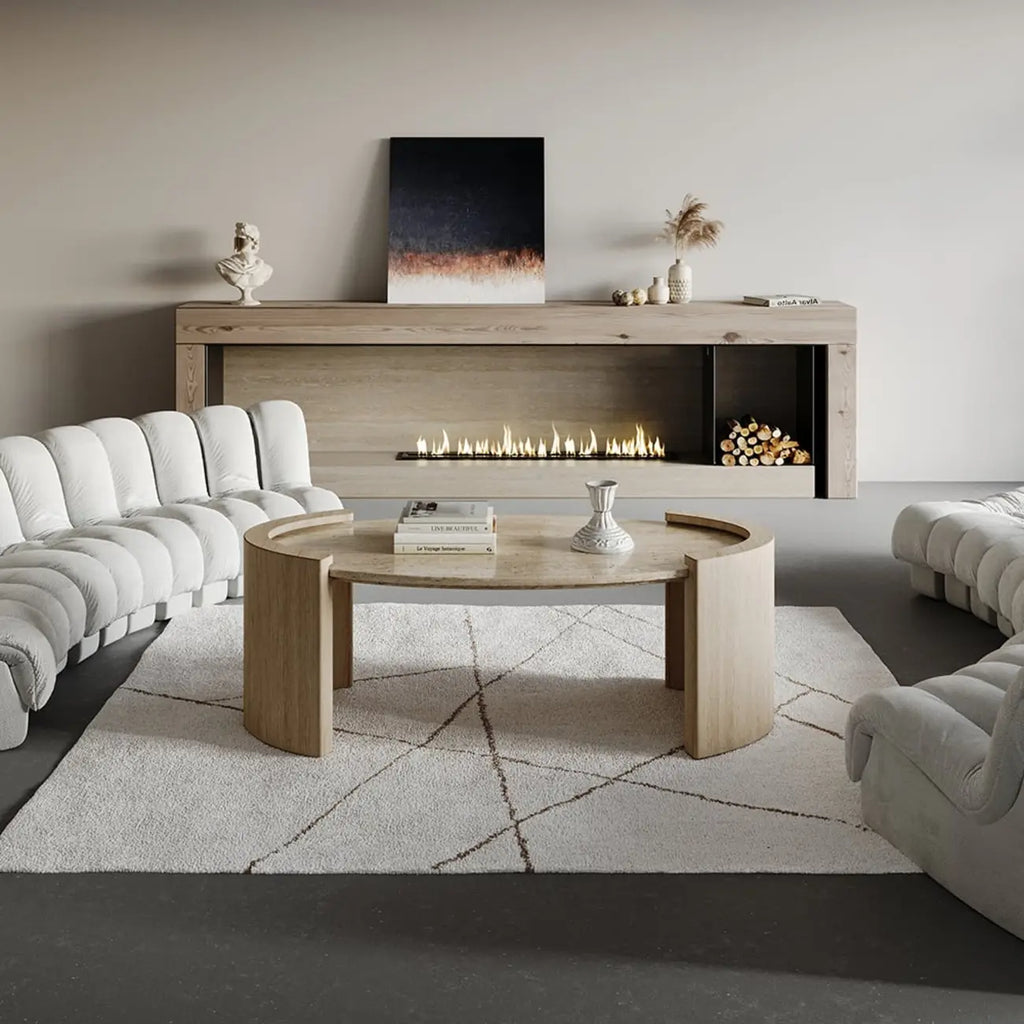 Table basse ovale en travertin Japandi à double piédestal