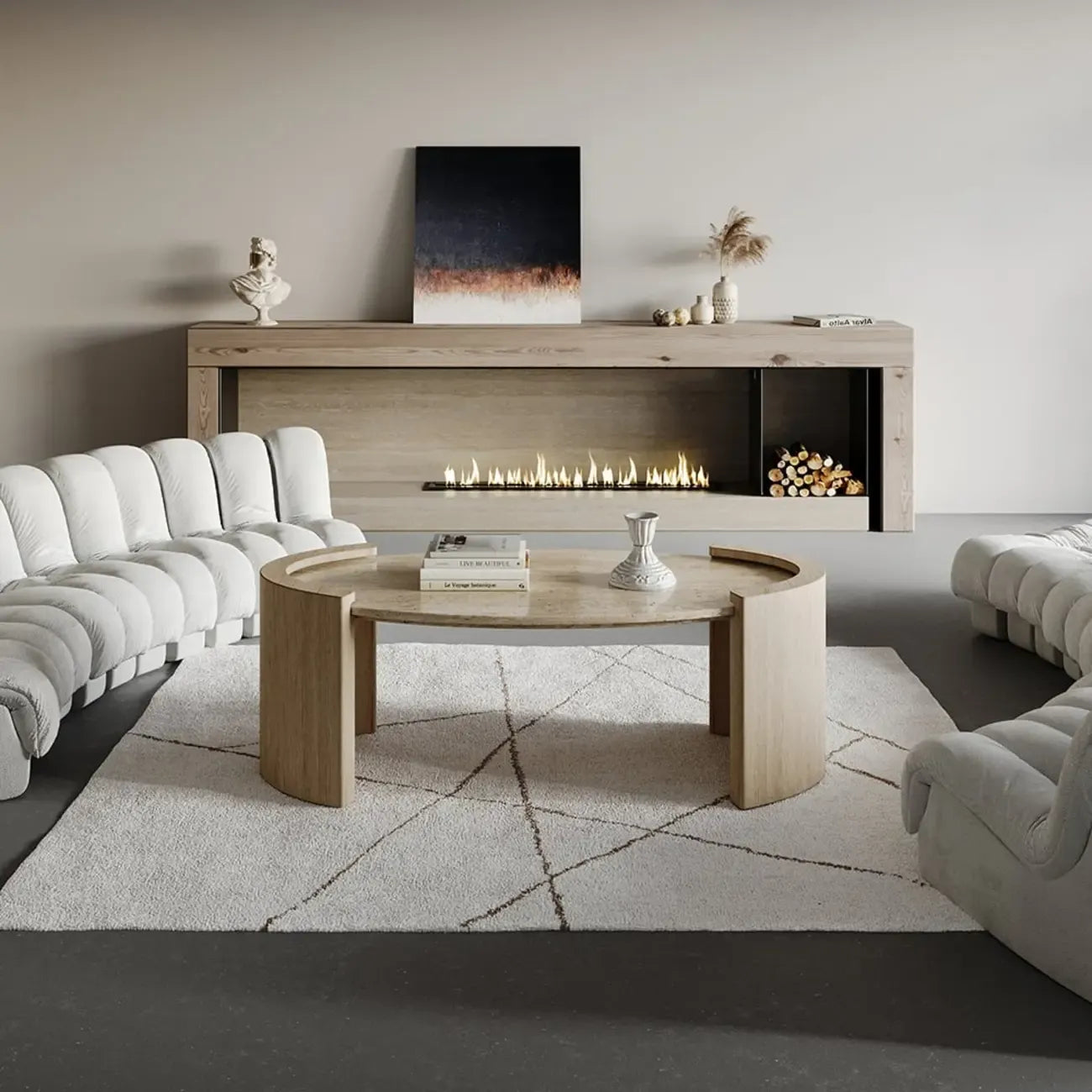 Table basse ovale en travertin Japandi à double piédestal