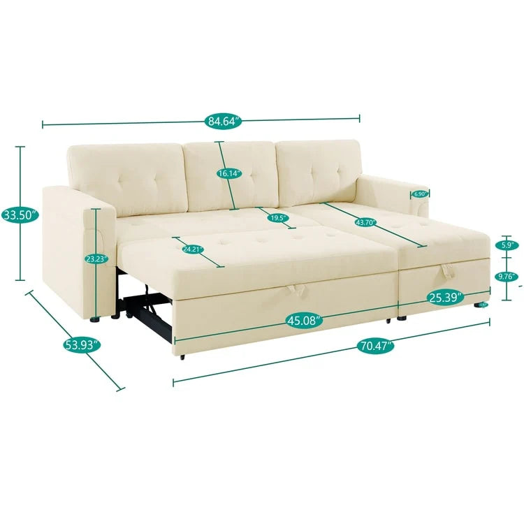 Canapé d'angle convertible et réversible avec lit gigogne, méridienne de rangement dissimulée et pieds robustes.