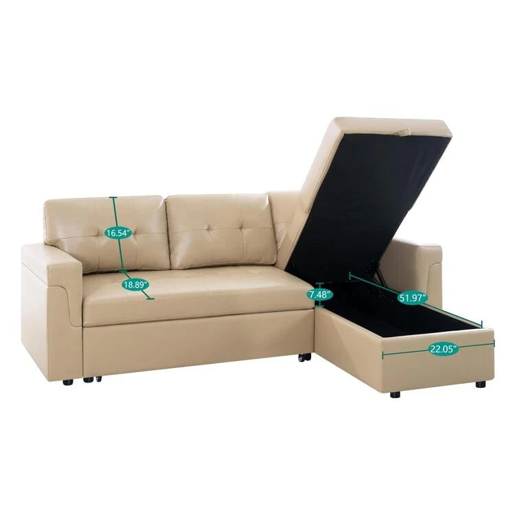Canapé d'angle convertible et réversible avec lit gigogne, méridienne de rangement dissimulée et pieds robustes.