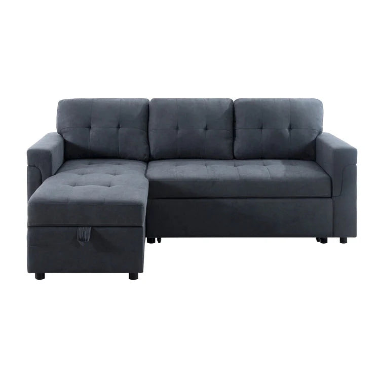 Canapé d'angle convertible et réversible avec lit gigogne, méridienne de rangement dissimulée et pieds robustes.