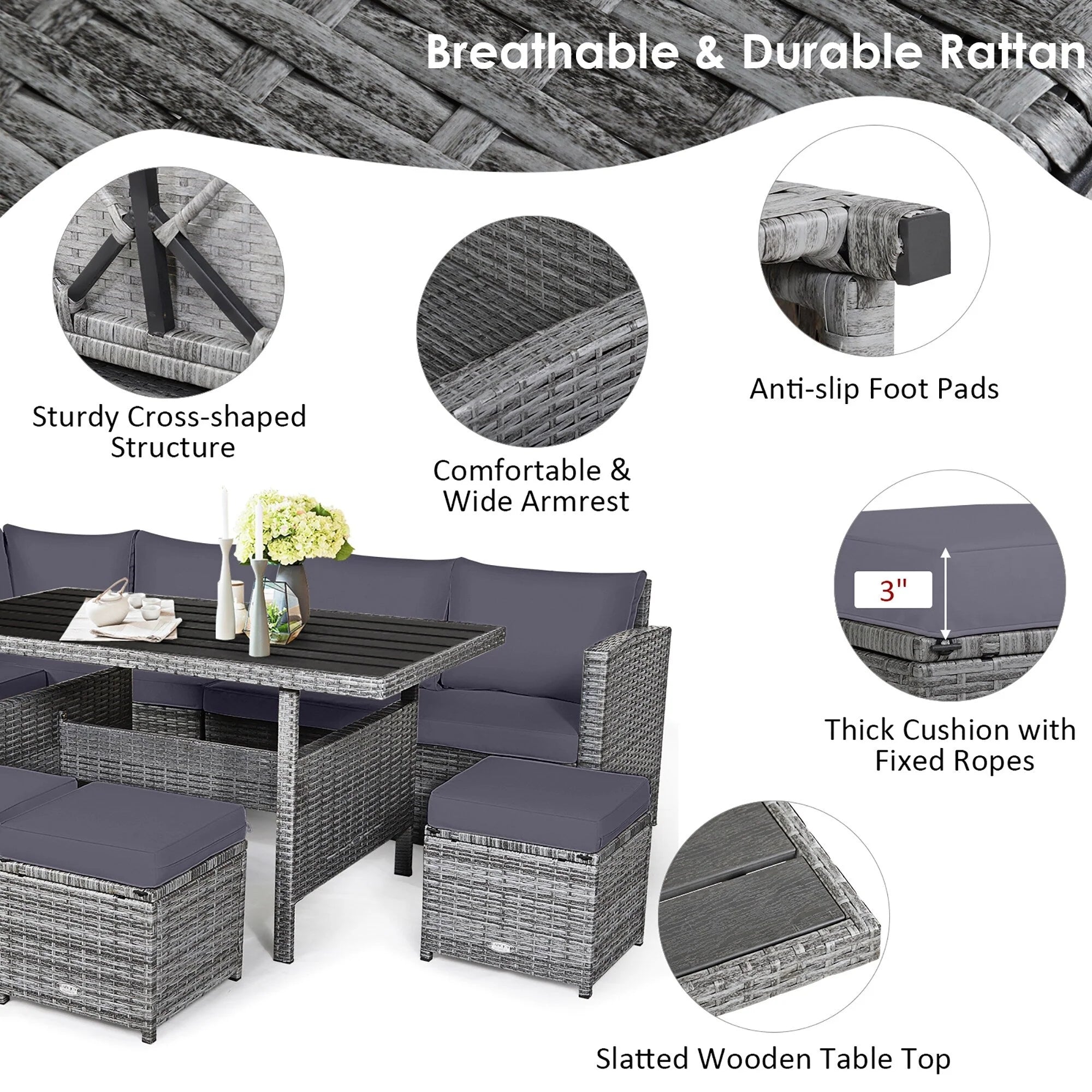 Ensemble de salle à manger Costway 7 pièces en rotin pour terrasse, canapé sectionnel et pouf - Voir détails