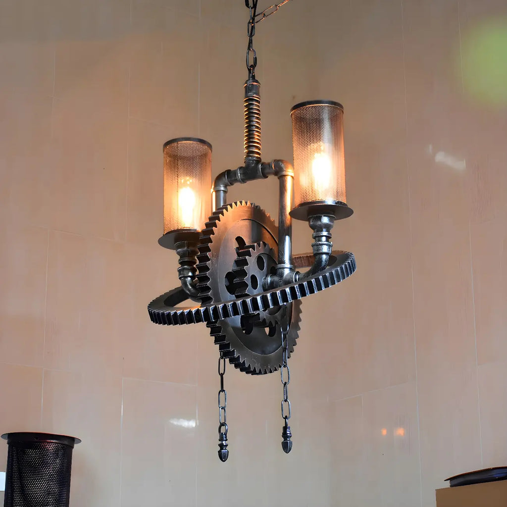 Lustre industriel steampunk à engrenages en métal noir