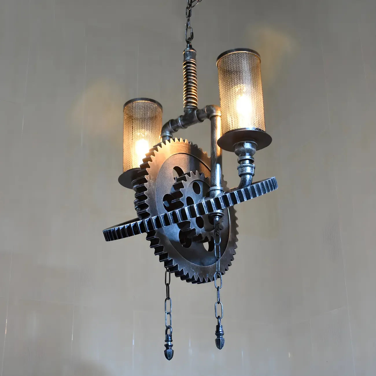 Lustre industriel steampunk à engrenages en métal noir