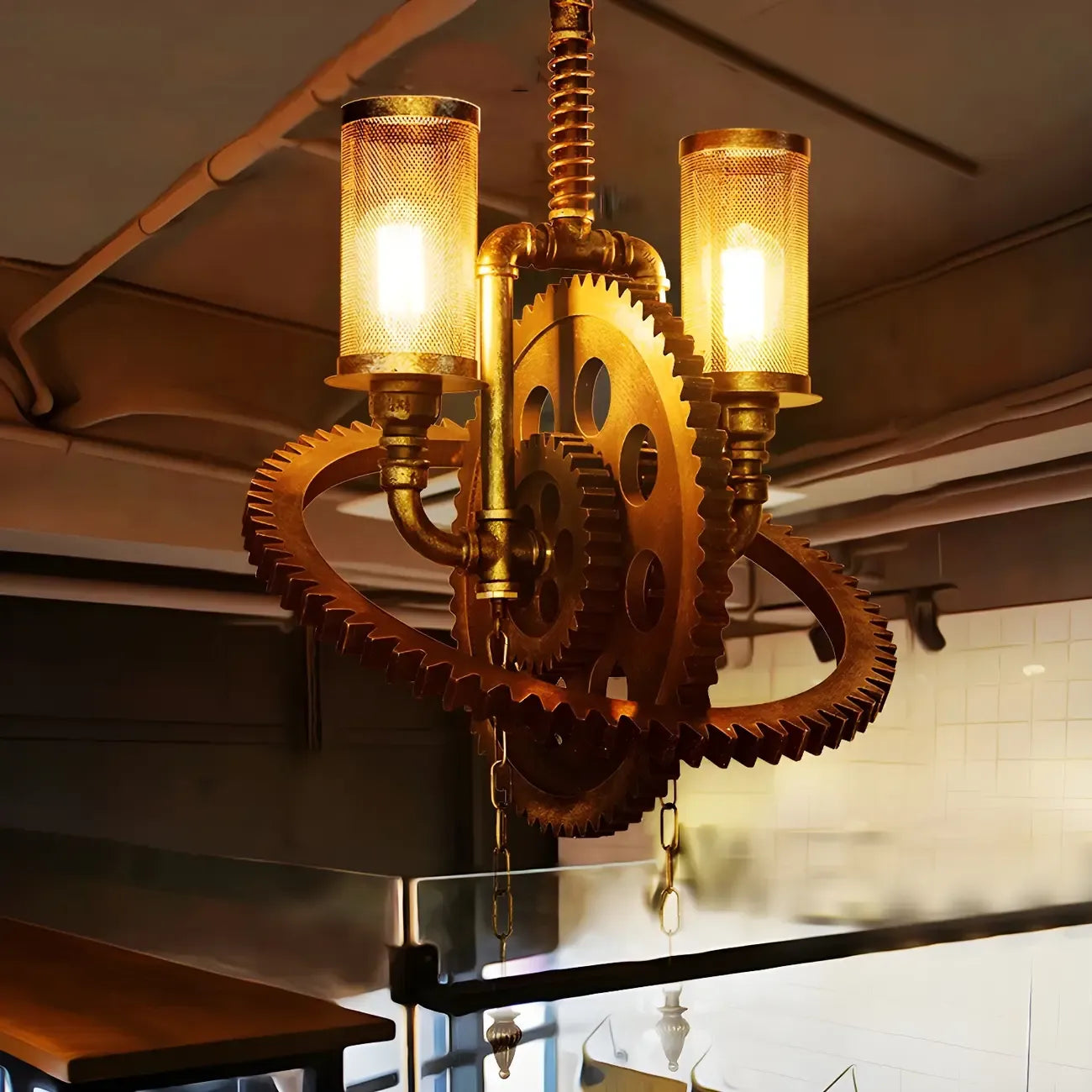 Lustre industriel steampunk à engrenages en métal noir