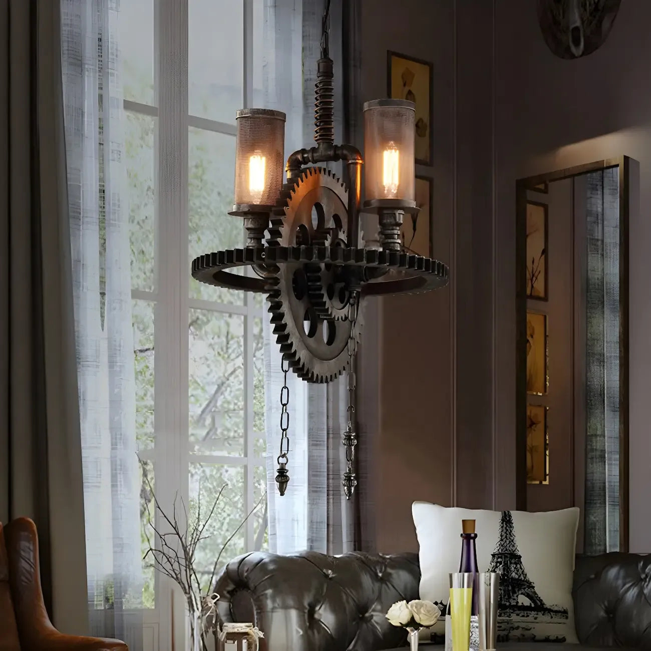 Lustre industriel steampunk à engrenages en métal noir