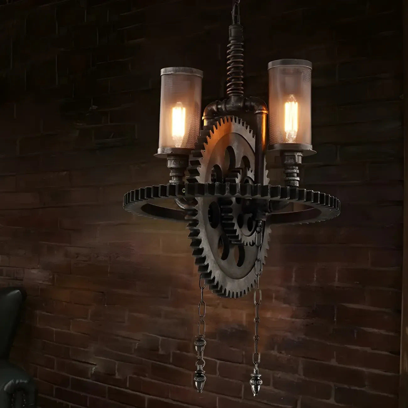 Lustre industriel steampunk à engrenages en métal noir