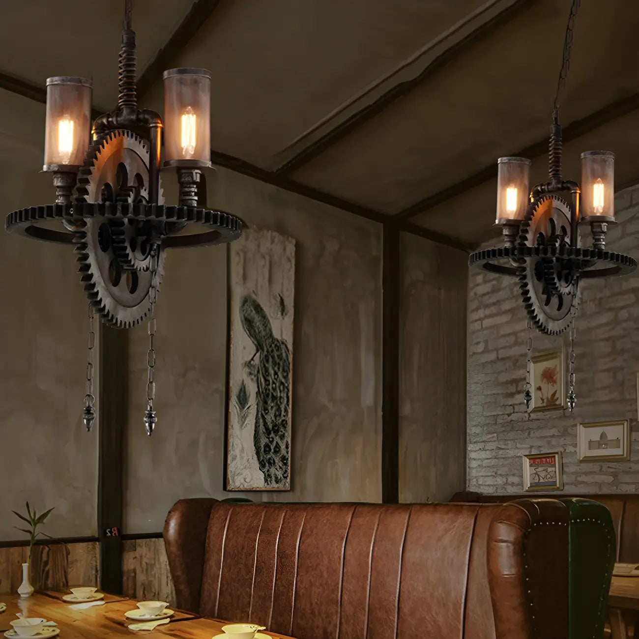 Lustre industriel steampunk à engrenages en métal noir