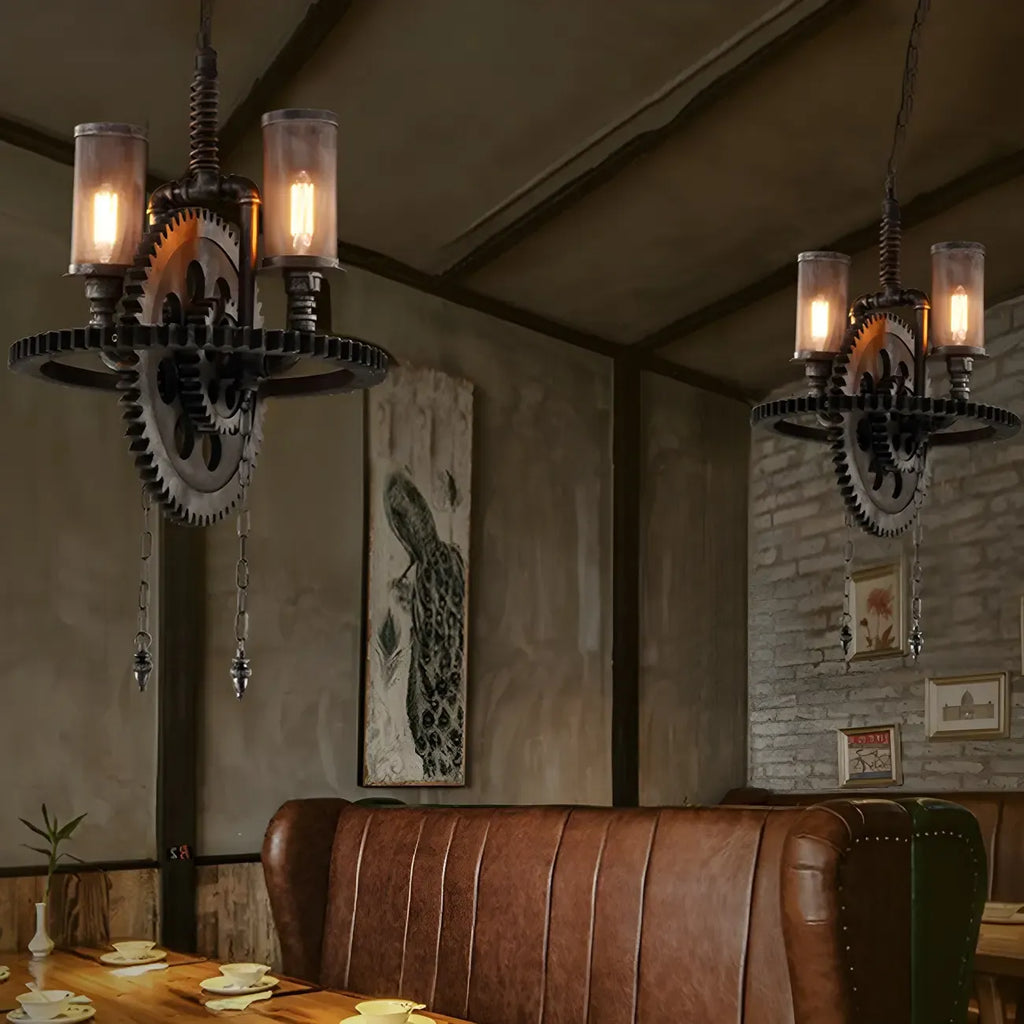 Lustre industriel steampunk à engrenages en métal noir