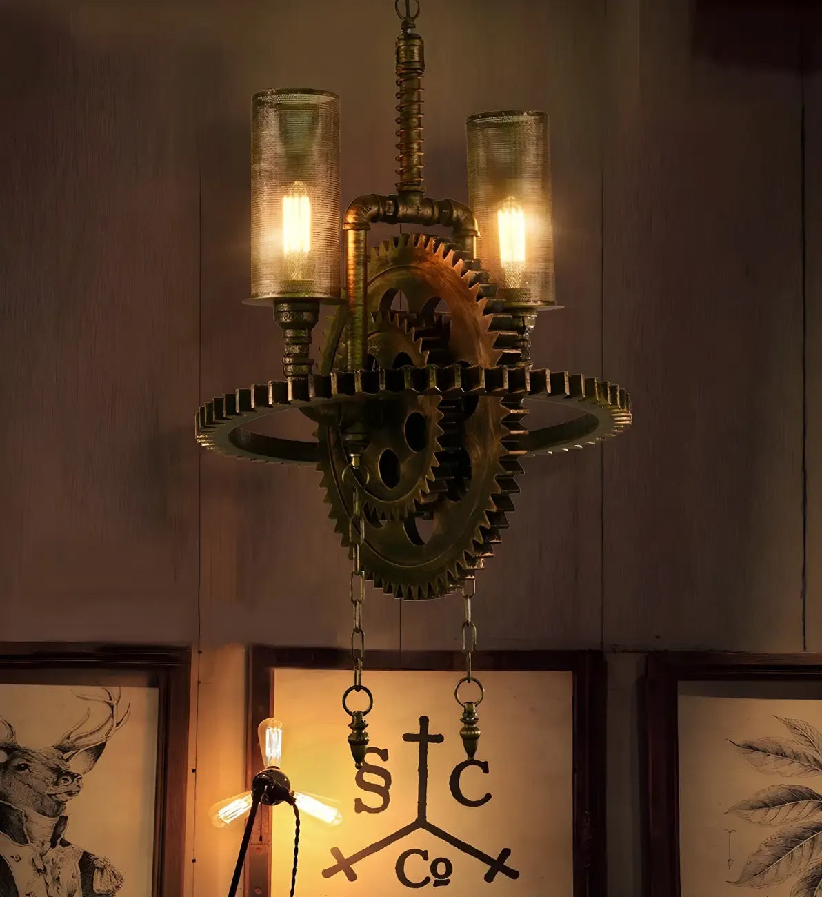 Lustre industriel steampunk à engrenages en métal noir