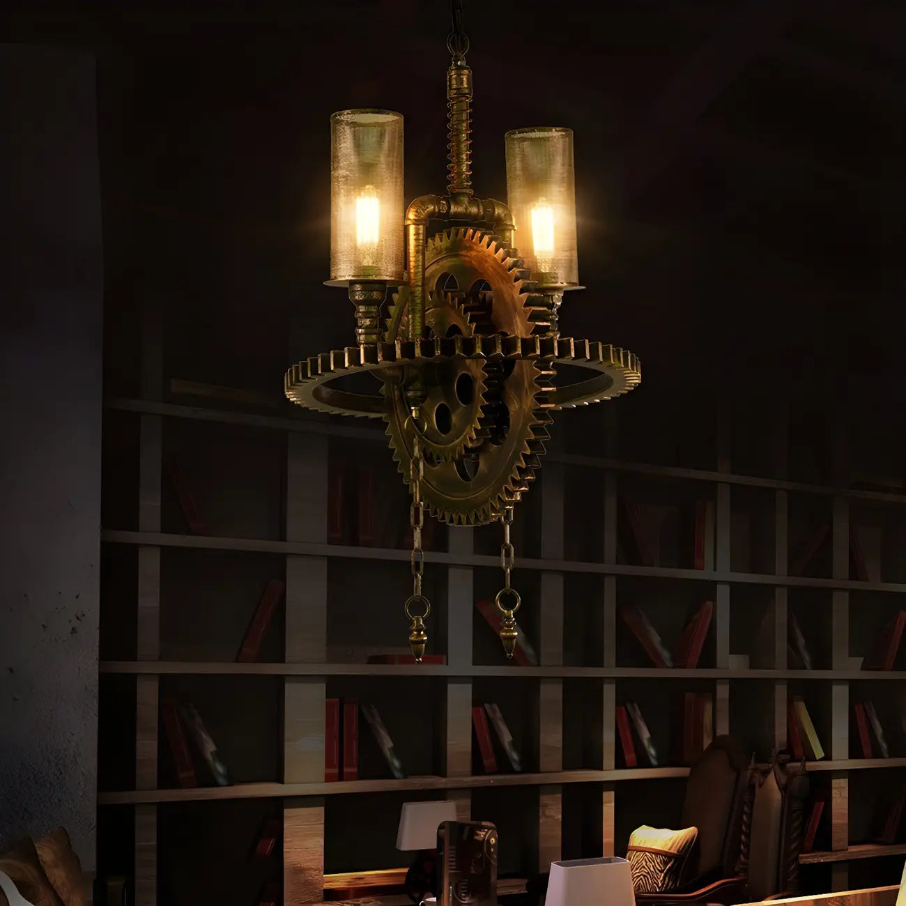 Lustre industriel steampunk à engrenages en métal noir