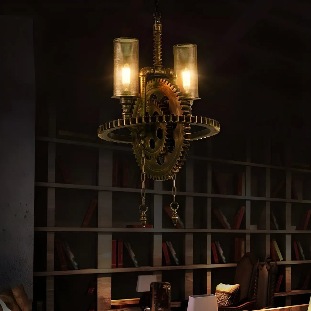 Lustre industriel steampunk à engrenages en métal noir