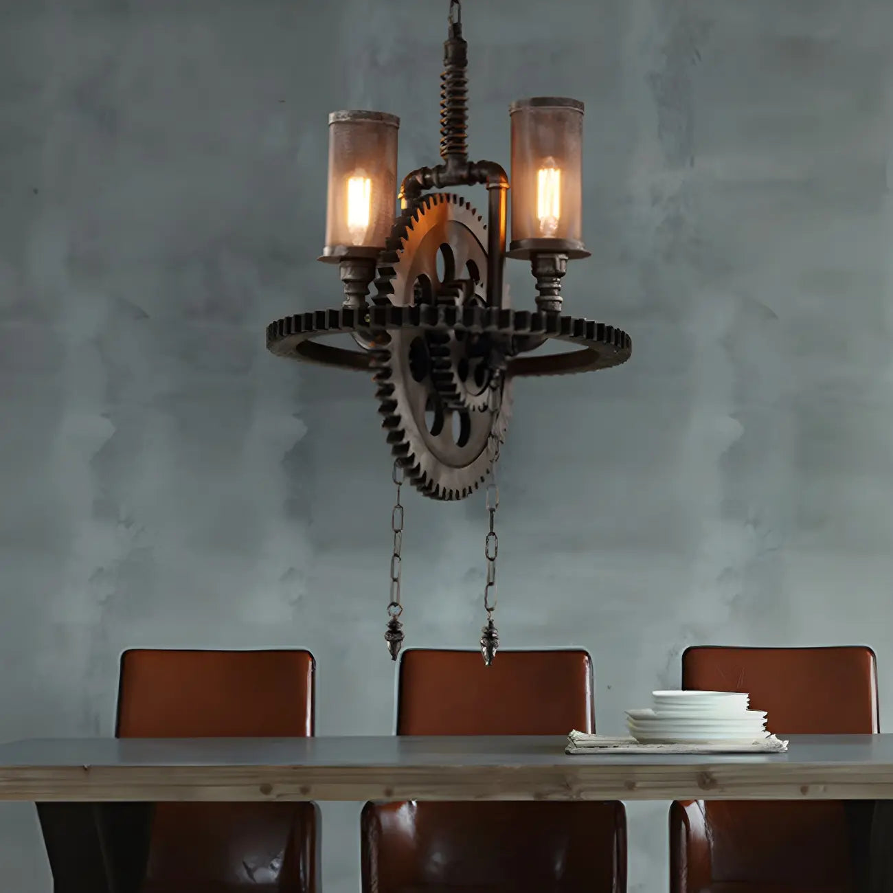 Lustre industriel steampunk à engrenages en métal noir