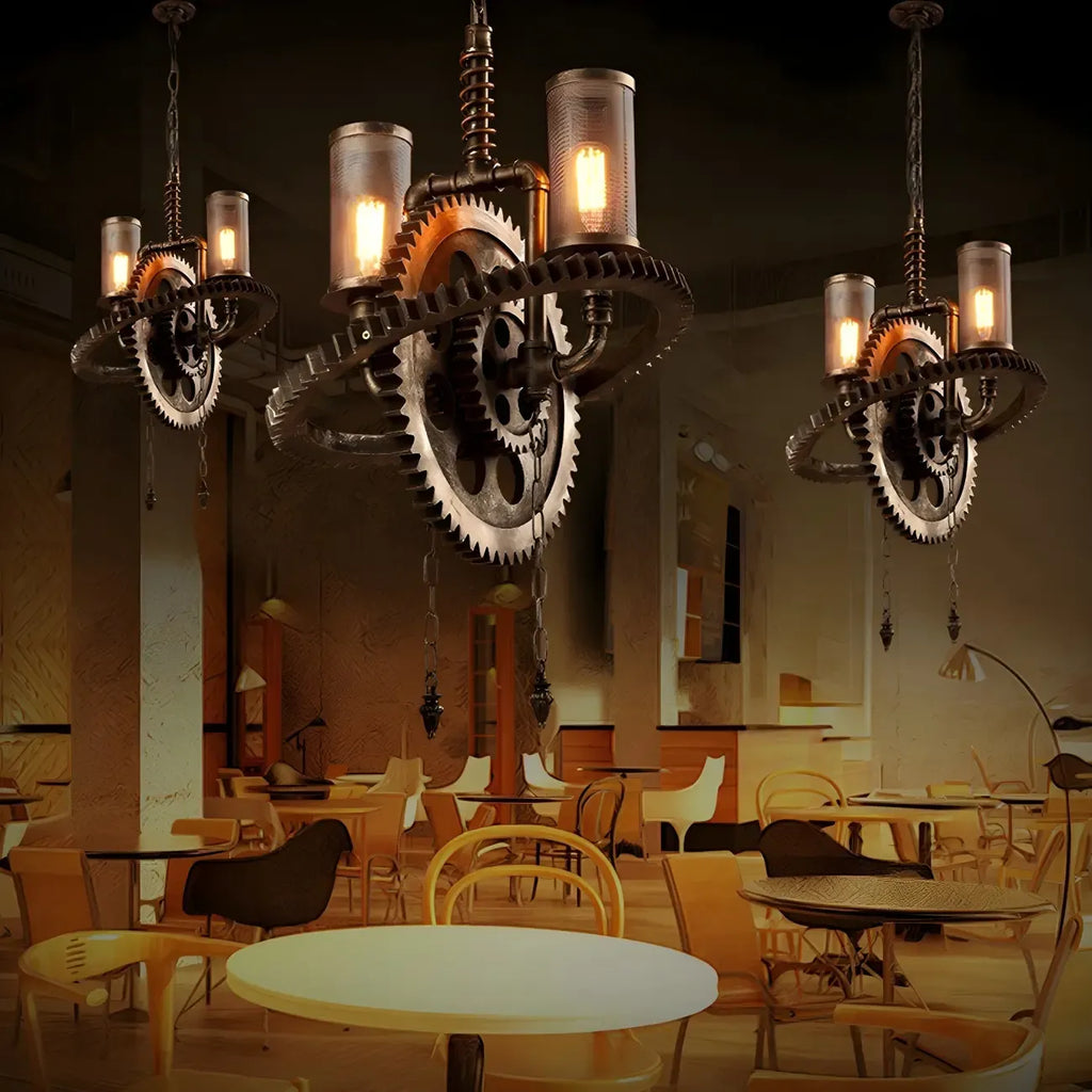 Lustre industriel steampunk à engrenages en métal noir