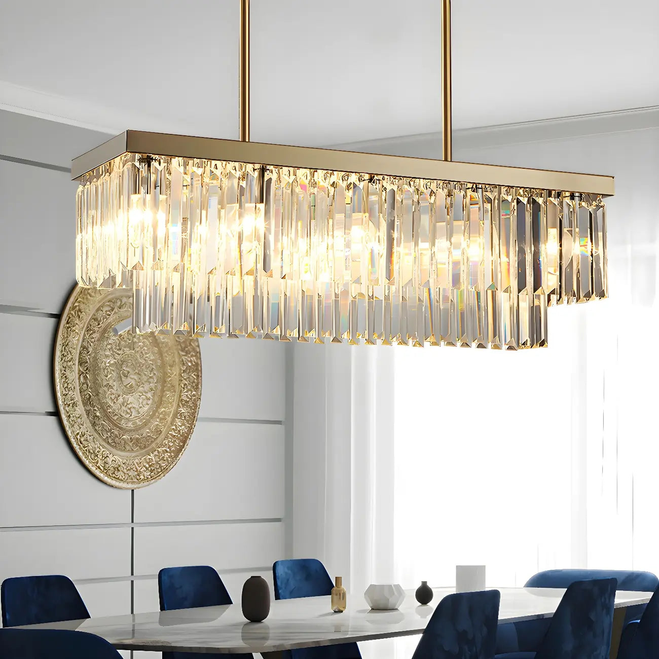 Suspension moderne rectangulaire en cristal pour îlot central