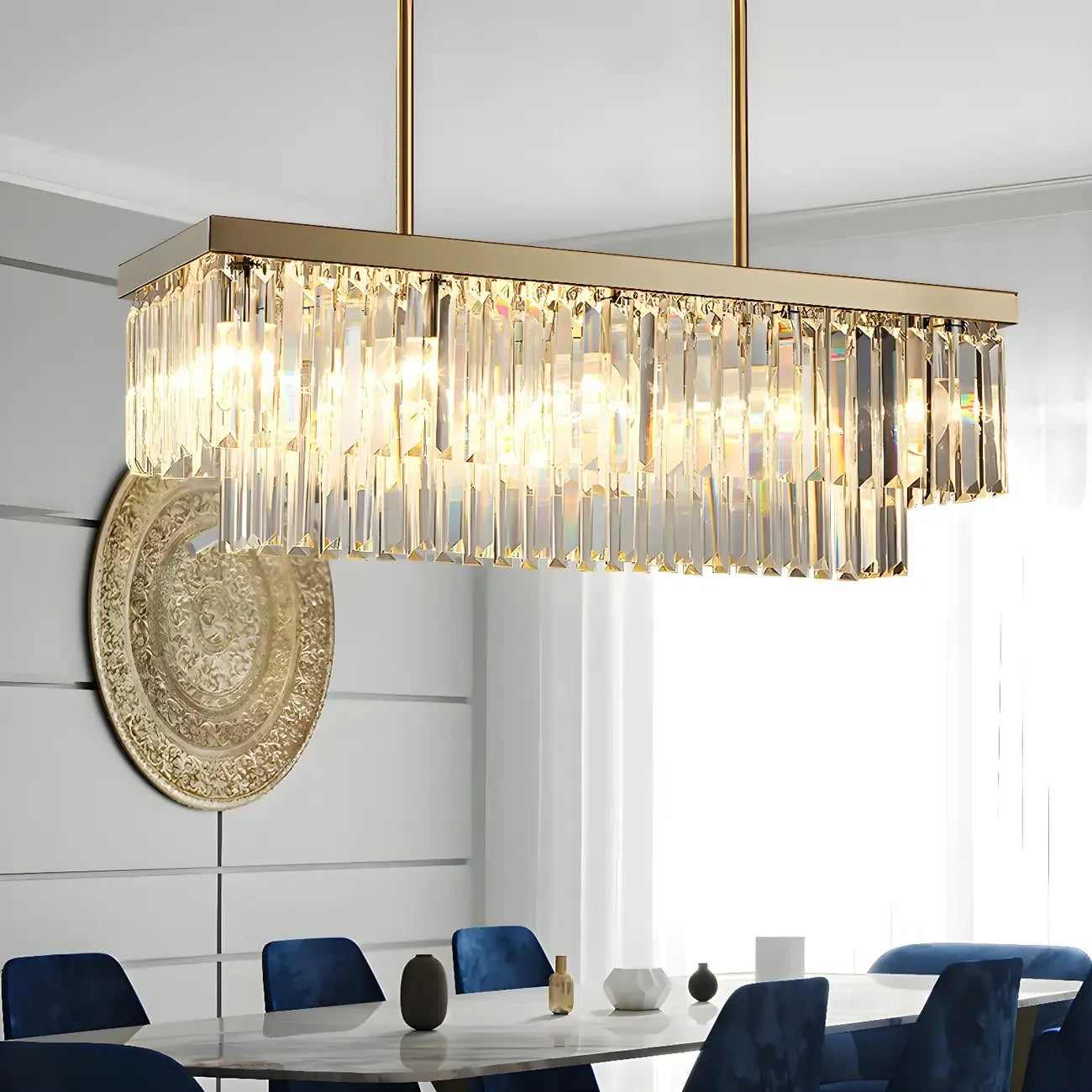 Suspension moderne rectangulaire en cristal pour îlot central