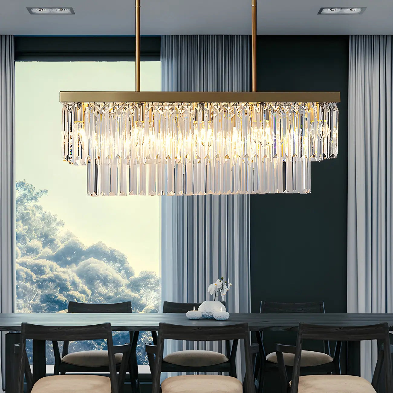 Suspension moderne rectangulaire en cristal pour îlot central