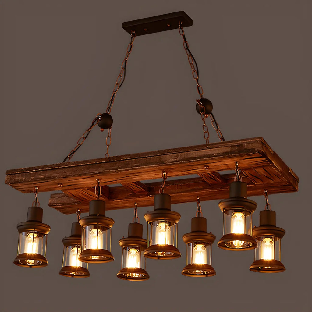 Lustre rectangulaire en métal et bois de style industriel et campagnard