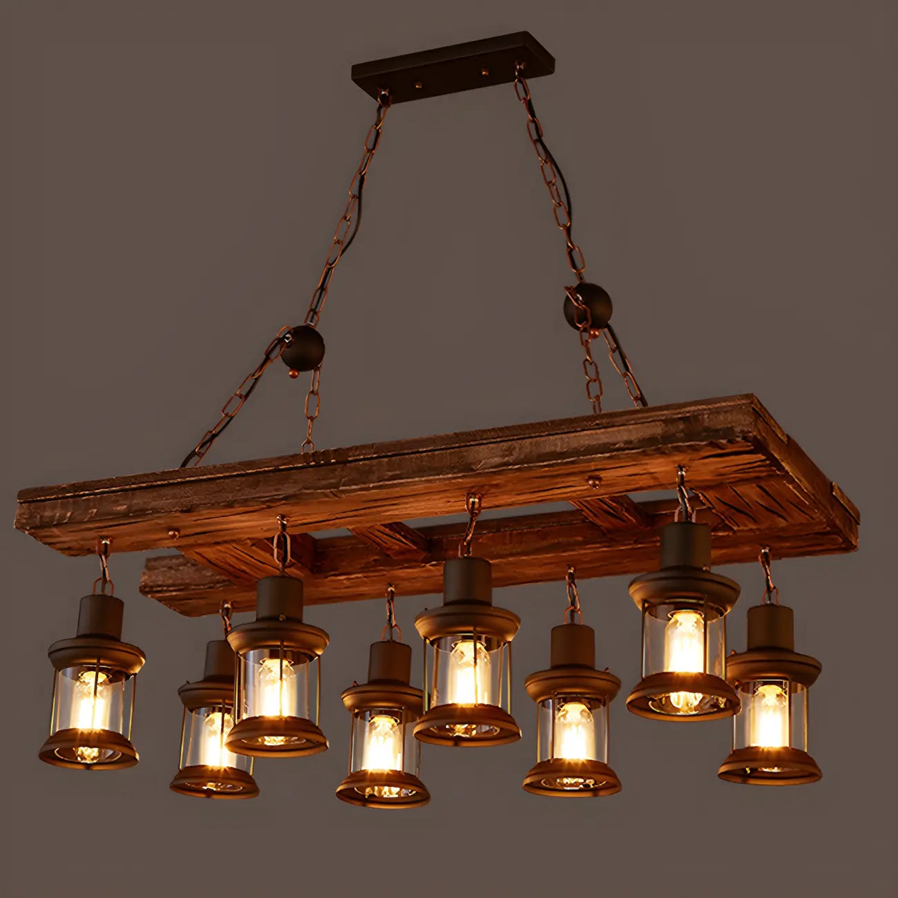 Lustre rectangulaire en métal et bois de style industriel et campagnard