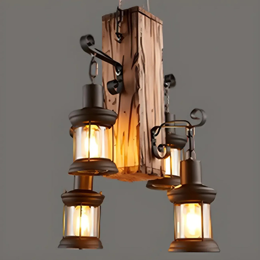 Lustre rectangulaire en métal et bois de style industriel et campagnard