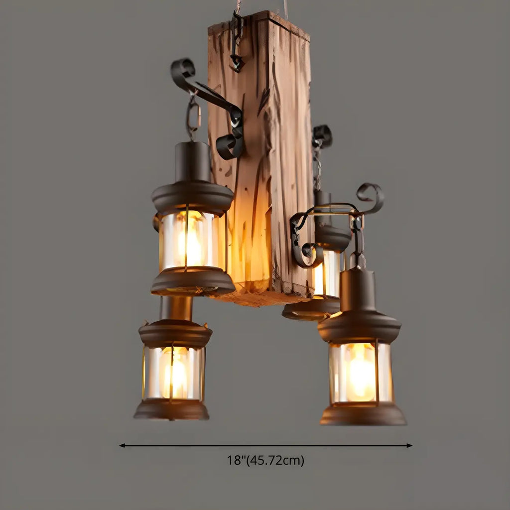 Lustre rectangulaire en métal et bois de style industriel et campagnard