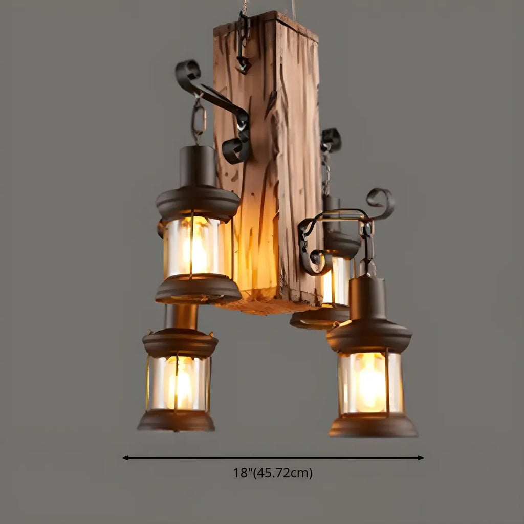 Lustre rectangulaire en métal et bois de style industriel et campagnard