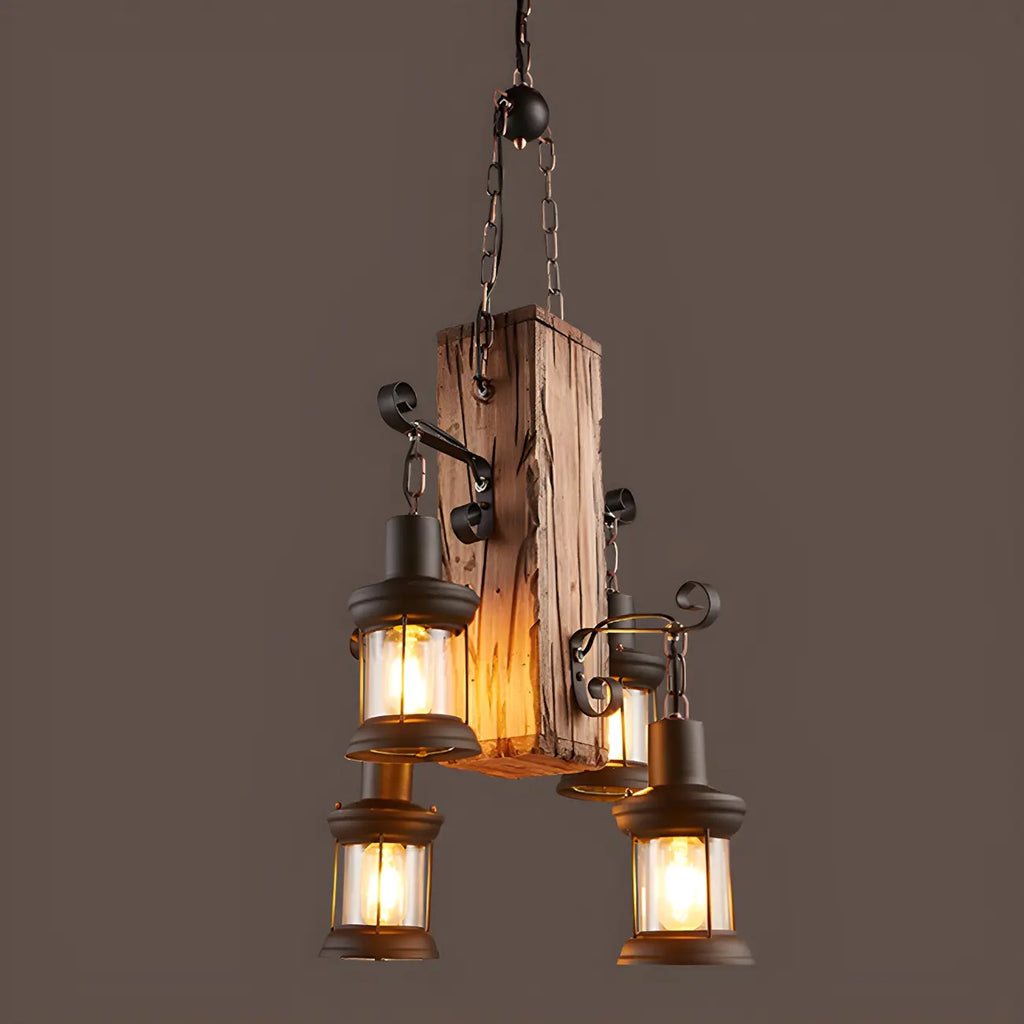 Lustre rectangulaire en métal et bois de style industriel et campagnard