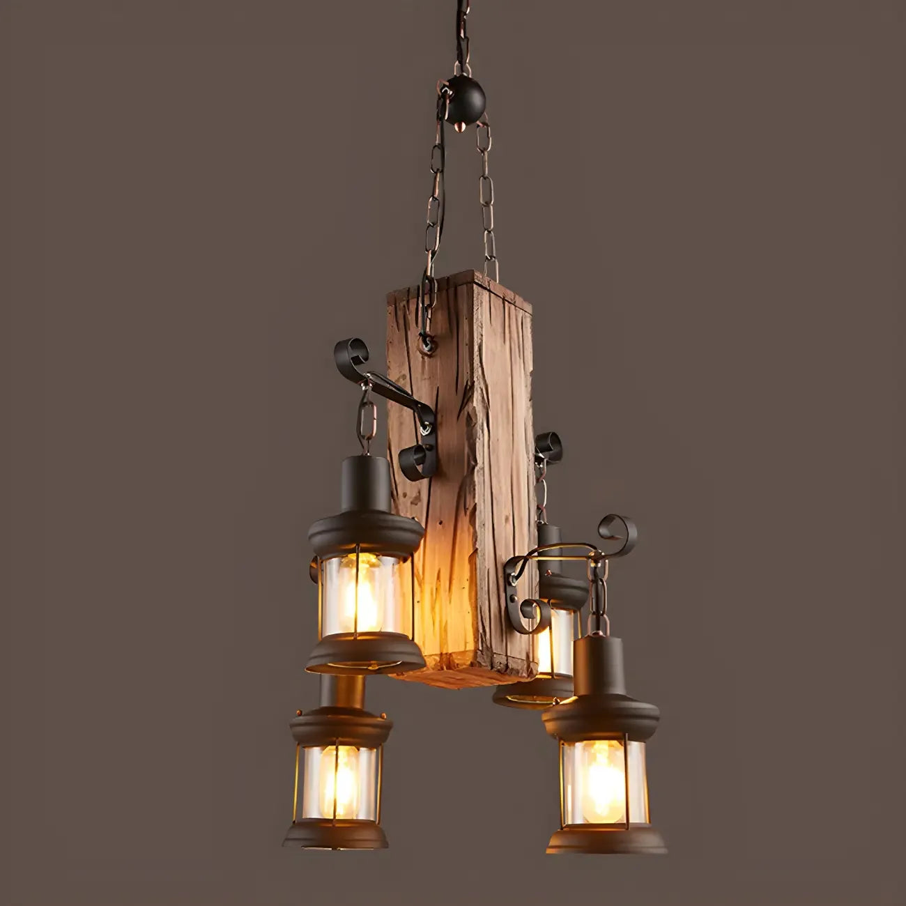 Lustre rectangulaire en métal et bois de style industriel et campagnard