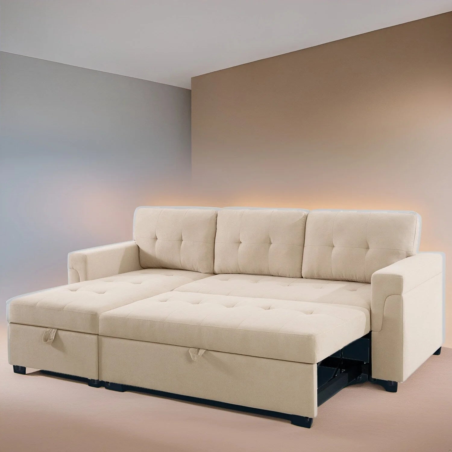 Canapé d'angle convertible et réversible avec lit gigogne, méridienne de rangement dissimulée et pieds robustes.