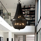 Lustre rustique en métal avec panier à perles noires et grand lustre