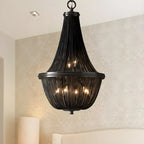 Lustre rustique en métal avec panier à perles noires et grand lustre