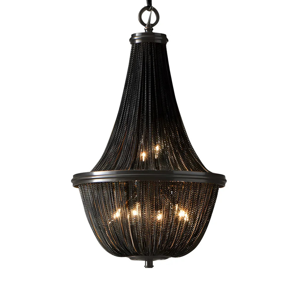 Lustre rustique en métal avec panier à perles noires et grand lustre