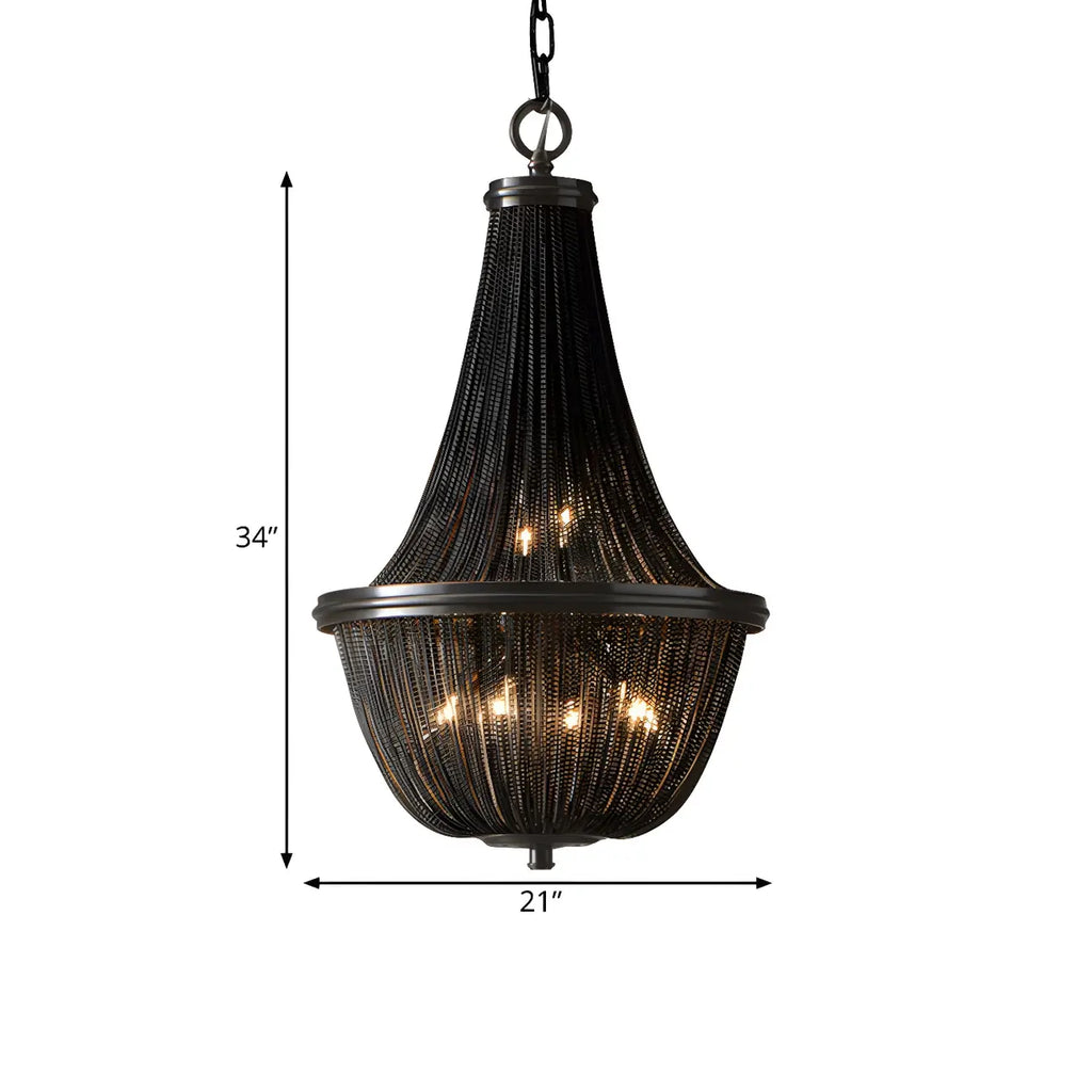 Lustre rustique en métal avec panier à perles noires et grand lustre