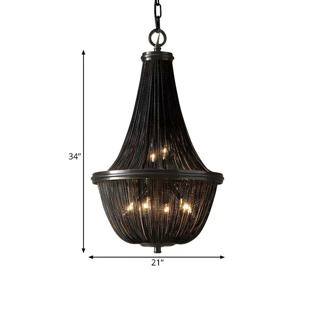Lustre rustique en métal avec panier à perles noires et grand lustre