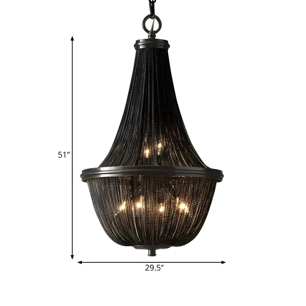 Lustre rustique en métal avec panier à perles noires et grand lustre