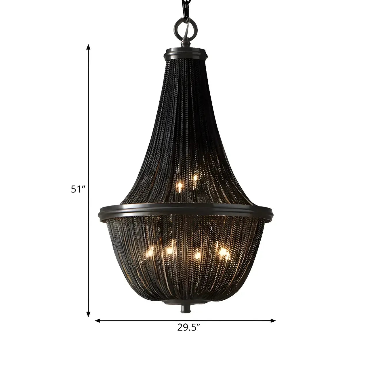 Lustre rustique en métal avec panier à perles noires et grand lustre