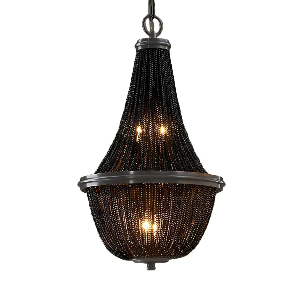 Lustre rustique en métal avec panier à perles noires et grand lustre