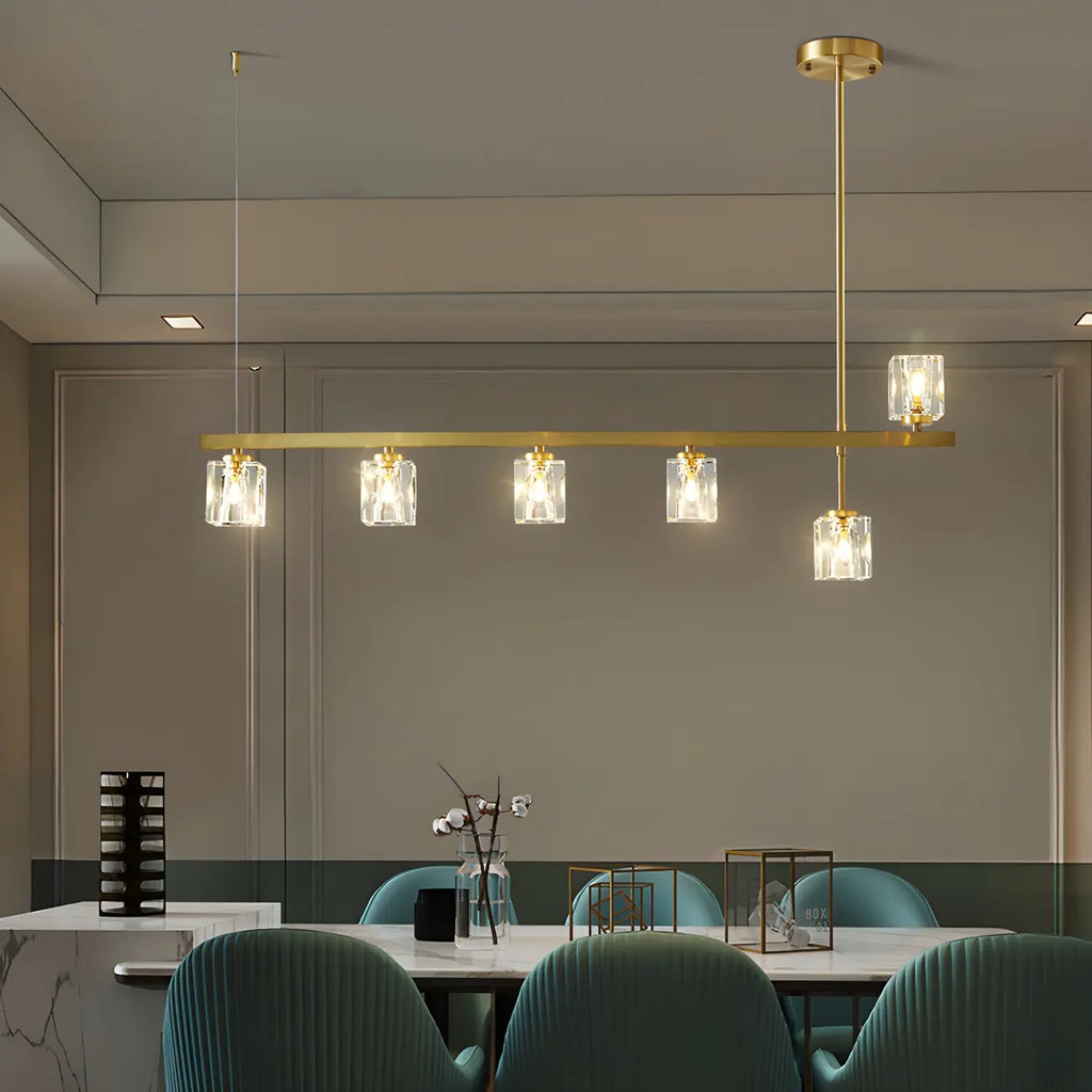Suspension linéaire géométrique en cristal doré pour îlot lumineux