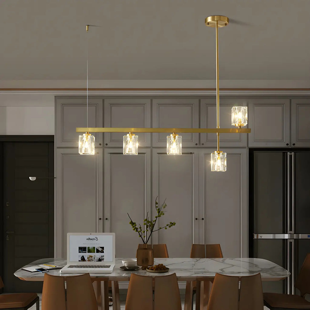 Suspension linéaire géométrique en cristal doré pour îlot lumineux