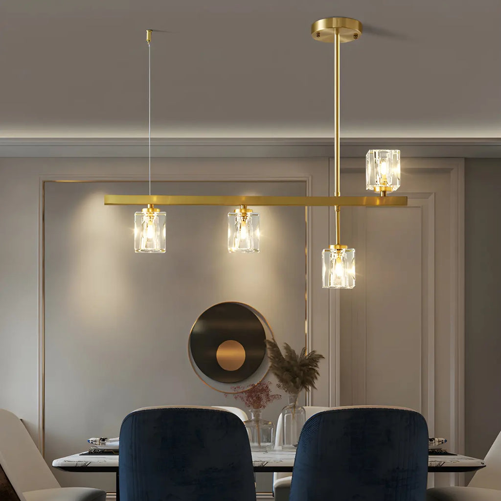 Suspension linéaire géométrique en cristal doré pour îlot lumineux