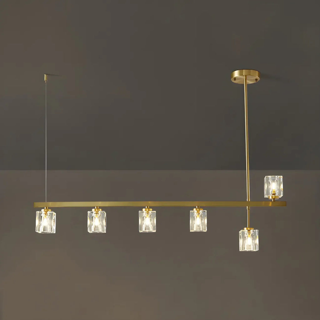 Suspension linéaire géométrique en cristal doré pour îlot lumineux