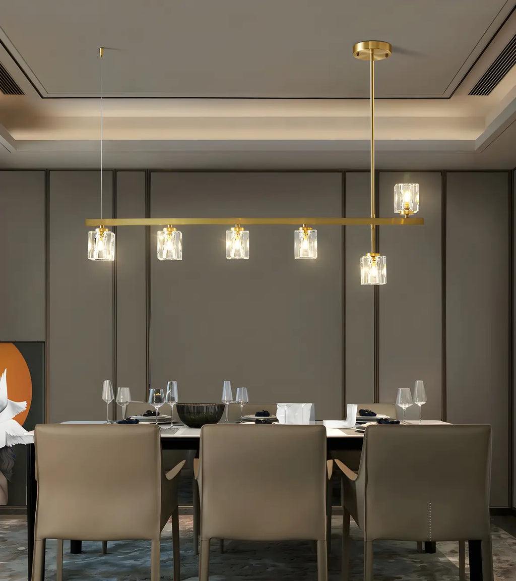 Suspension linéaire géométrique en cristal doré pour îlot lumineux