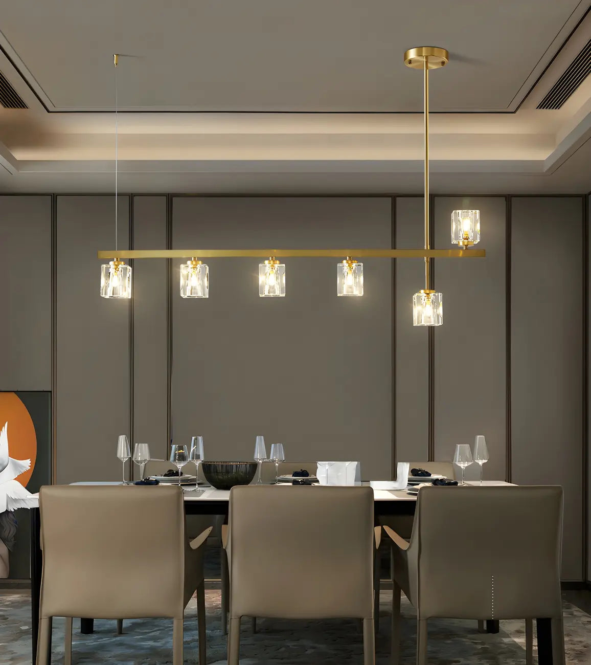 Suspension linéaire géométrique en cristal doré pour îlot lumineux