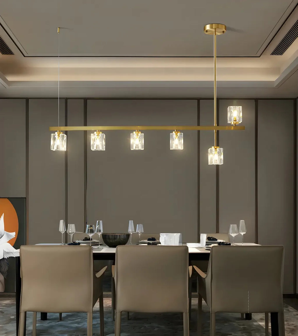 Suspension linéaire géométrique en cristal doré pour îlot lumineux