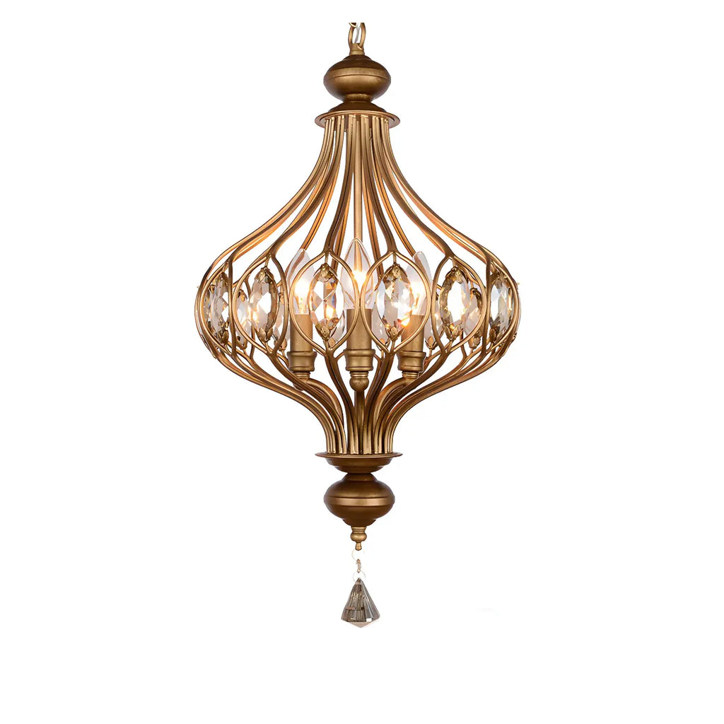 Suspension lumineuse dorée en cristal avec globe en cage pour couloir